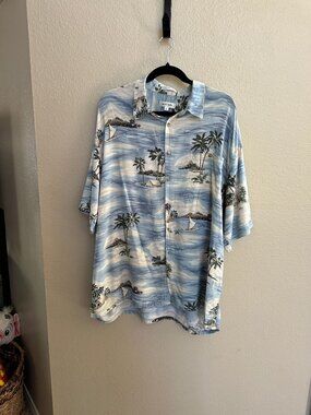 Pierre Cardin Mens XXL Hawaiian Rayon Button-Up Shirt Island & Palm Tree Print